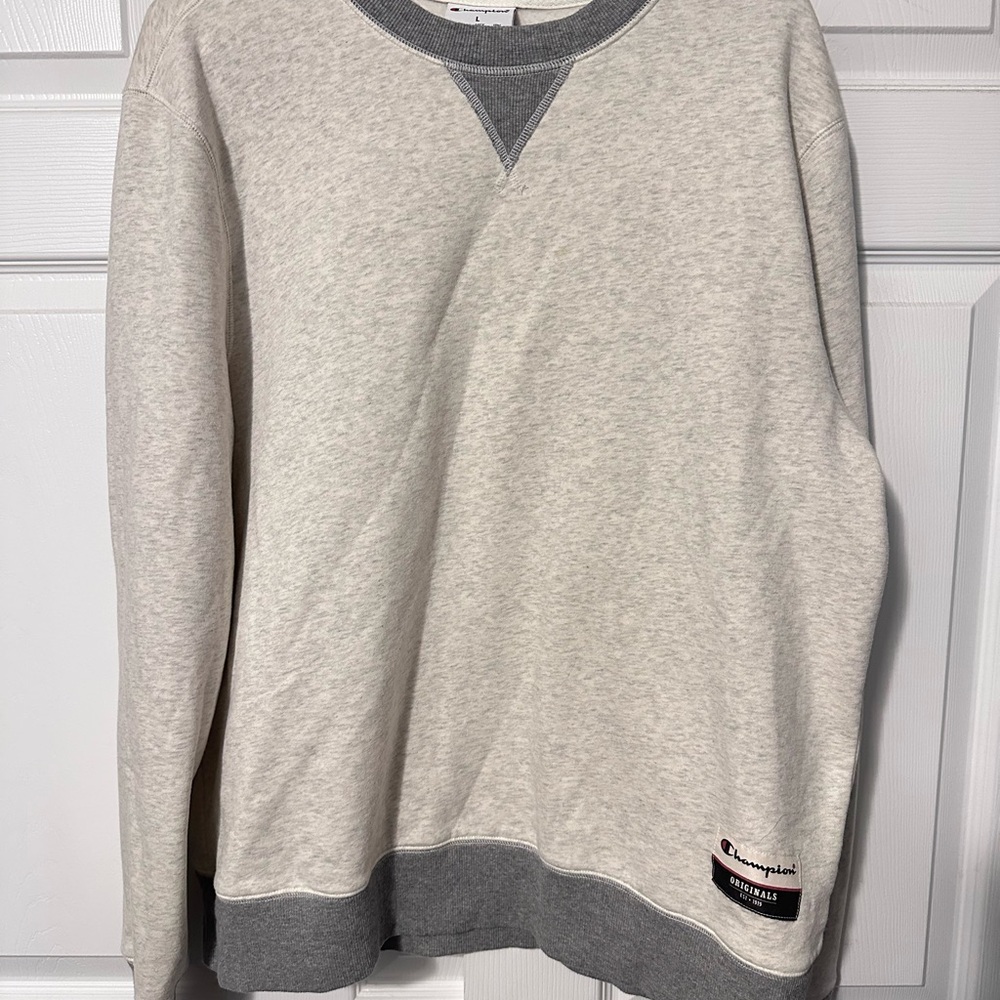 Champion Men's Cream and Gray Crewneck Sweater